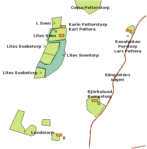 Karta över torpmarkerna öster om Slätterödjan och längs Sängastensvägen